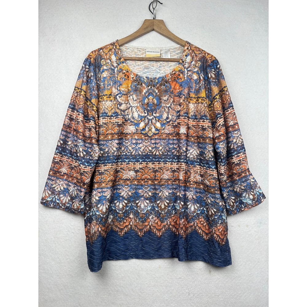Alfred Dunner Textured Top Womens 1X Embellished Neckline 3/4 Sleeve Boho Artsy